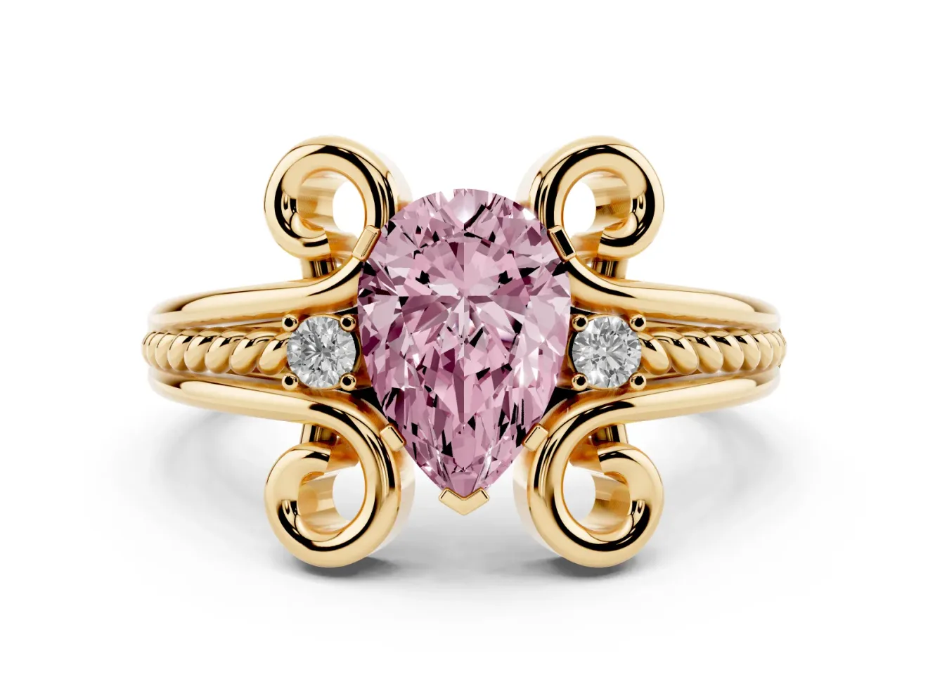 Pear-Shaped Scroll Engagement Ring Setting for a Fancy Pink Lab-Grown Diamond | Yellow Gold