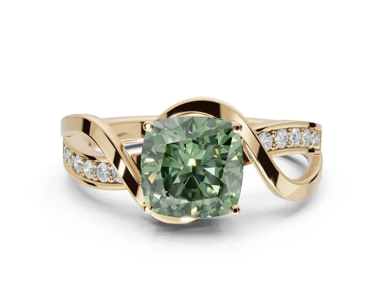 Cushion Cut Bypass Solitaire Engagement Ring Setting for a Fancy Green Lab-Grown Diamond | Pavé Strands | Yellow Gold