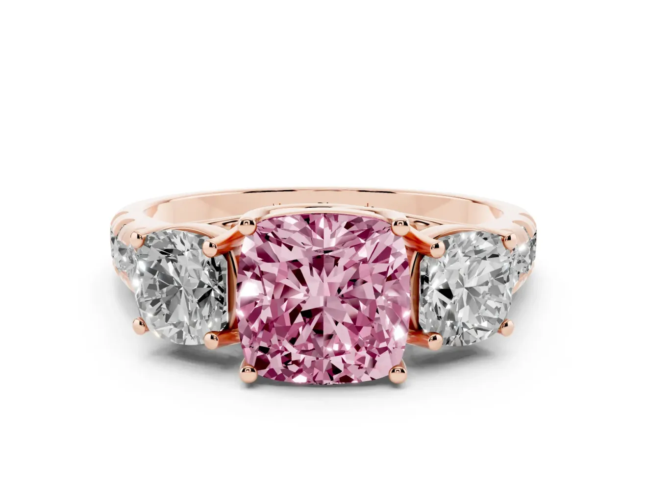 Fancy Pink Cushion Cut Diamond Three-Stone Ring Set in Rose gold with Pavé Band