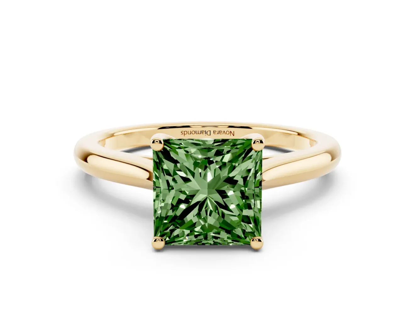 Fancy Green Princess Cut Diamond Solitaire Ring Set in Yellow gold with Cathedral Band and Prong Setting