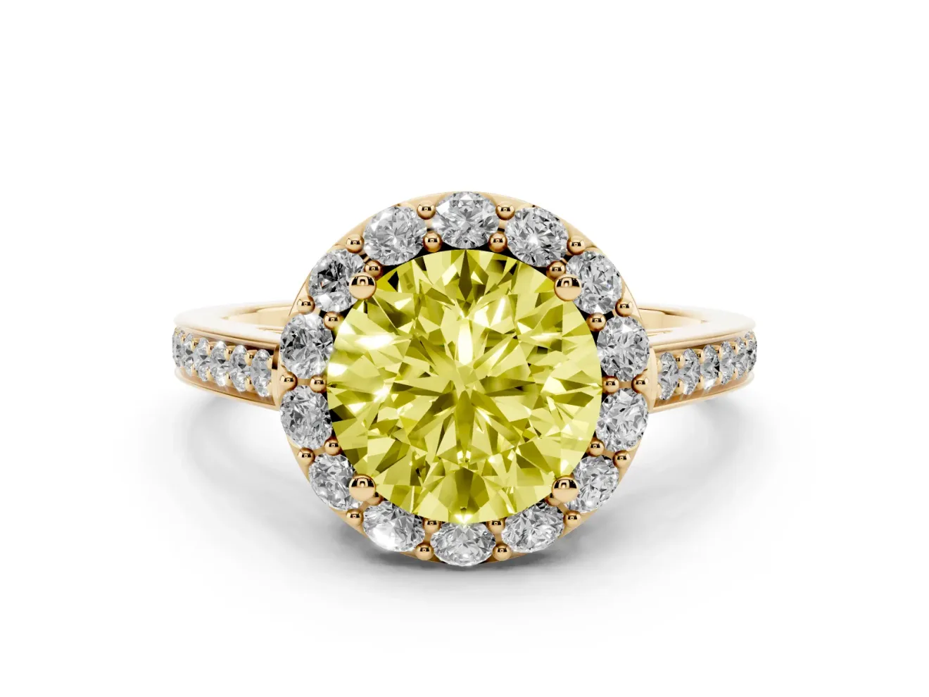Round Floral Halo Engagement Ring Setting for a Fancy Yellow Lab-Grown Diamond | Large Round Accents | Yellow Gold