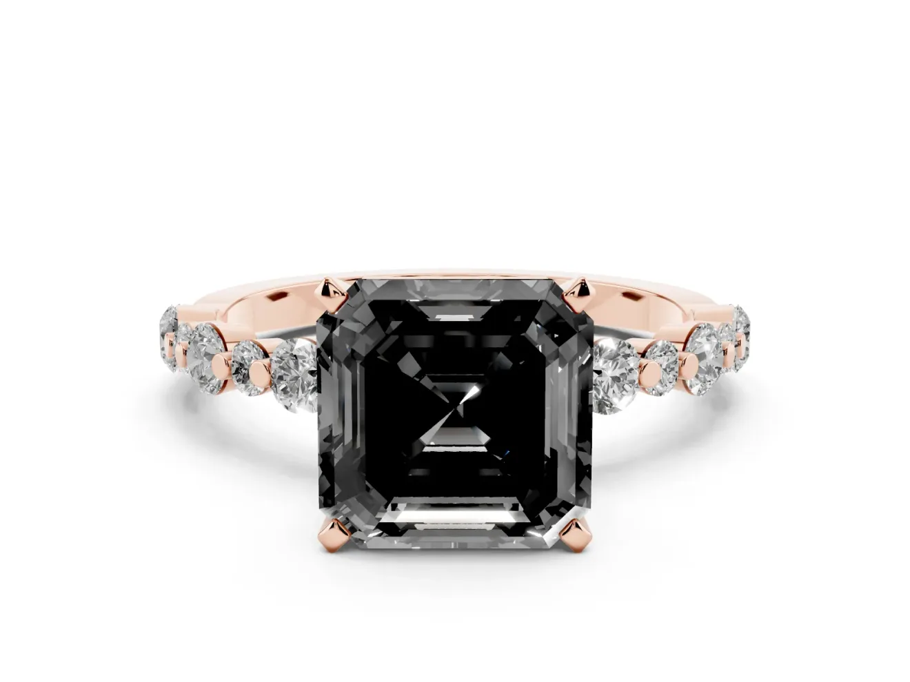 Fancy Black Asscher Cut Diamond Prong Set Engagement Ring Set in Rose gold with Round Accent Pavé Band