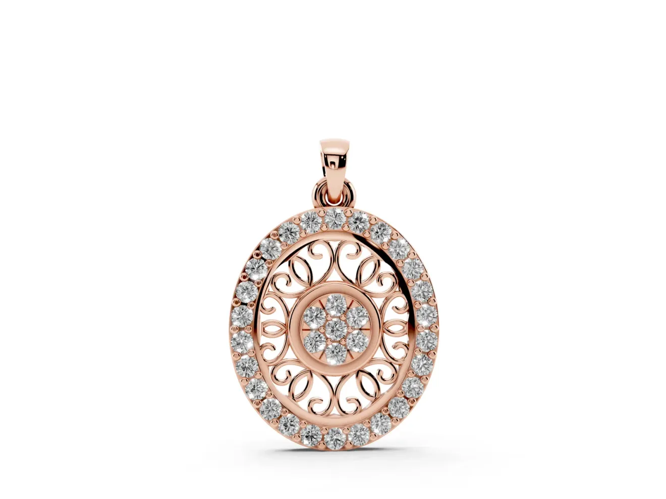 Round Lab-Grown Diamond Oval Filigree Cluster Pendant Necklace | Pavé Edge | Rose Gold