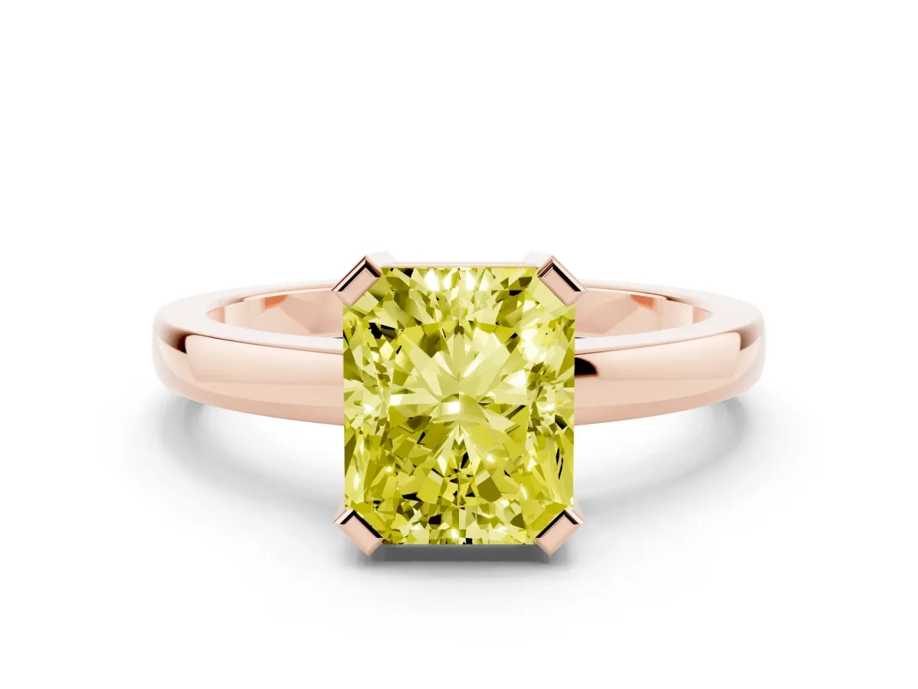 Fancy Yellow Radiant Cut Diamond Solitaire Ring Set in Rose gold with Prong Head and Smooth Polished Band