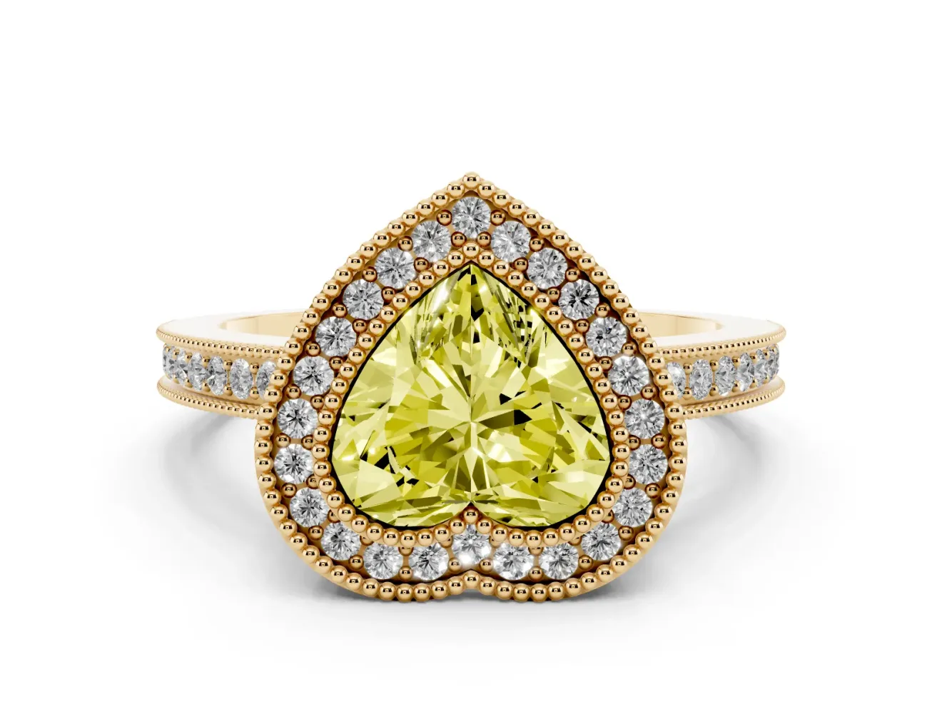 Heart-Shaped Milgrain Halo Engagement Ring Setting for a Fancy Yellow Lab-Grown Diamond | Pavé Band | Yellow Gold