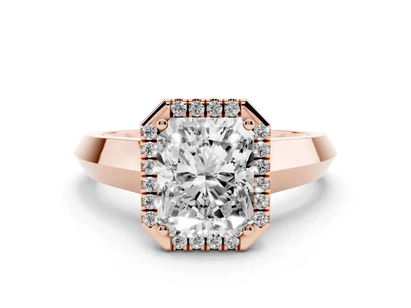 Radiant Cut Diamond Halo Ring Set in Rose gold with Cathedral Band and Prong Setting