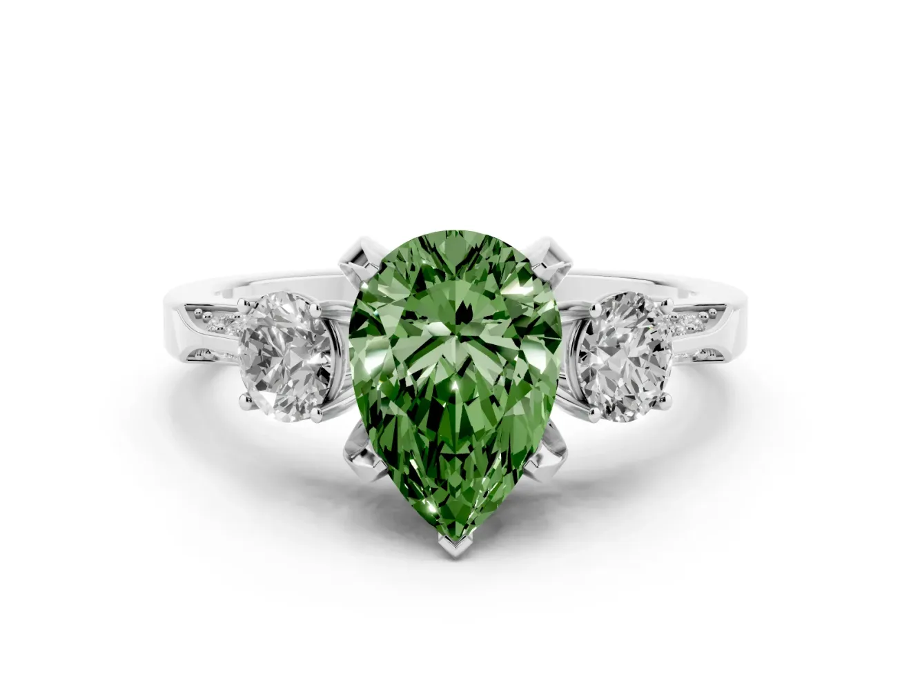 Pear-Shaped Hidden Halo Three Stone Engagement Ring Setting for a Fancy Green Lab-Grown Diamond | White Gold