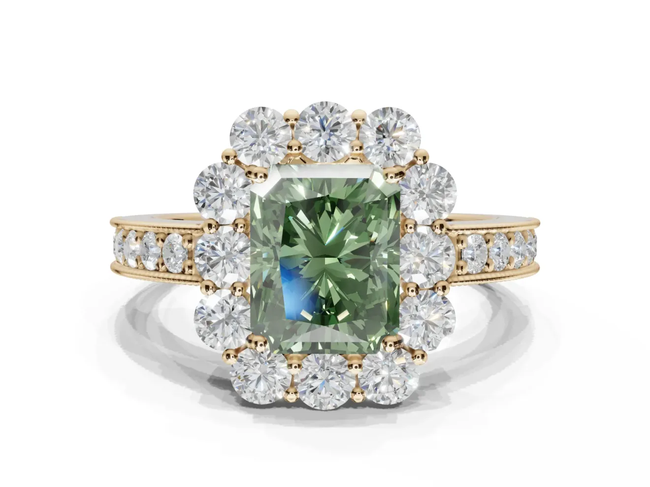 Radiant Cut Halo Engagement Ring Setting for a Fancy Green Lab-Grown Diamond | Yellow Gold - Design NV-24711