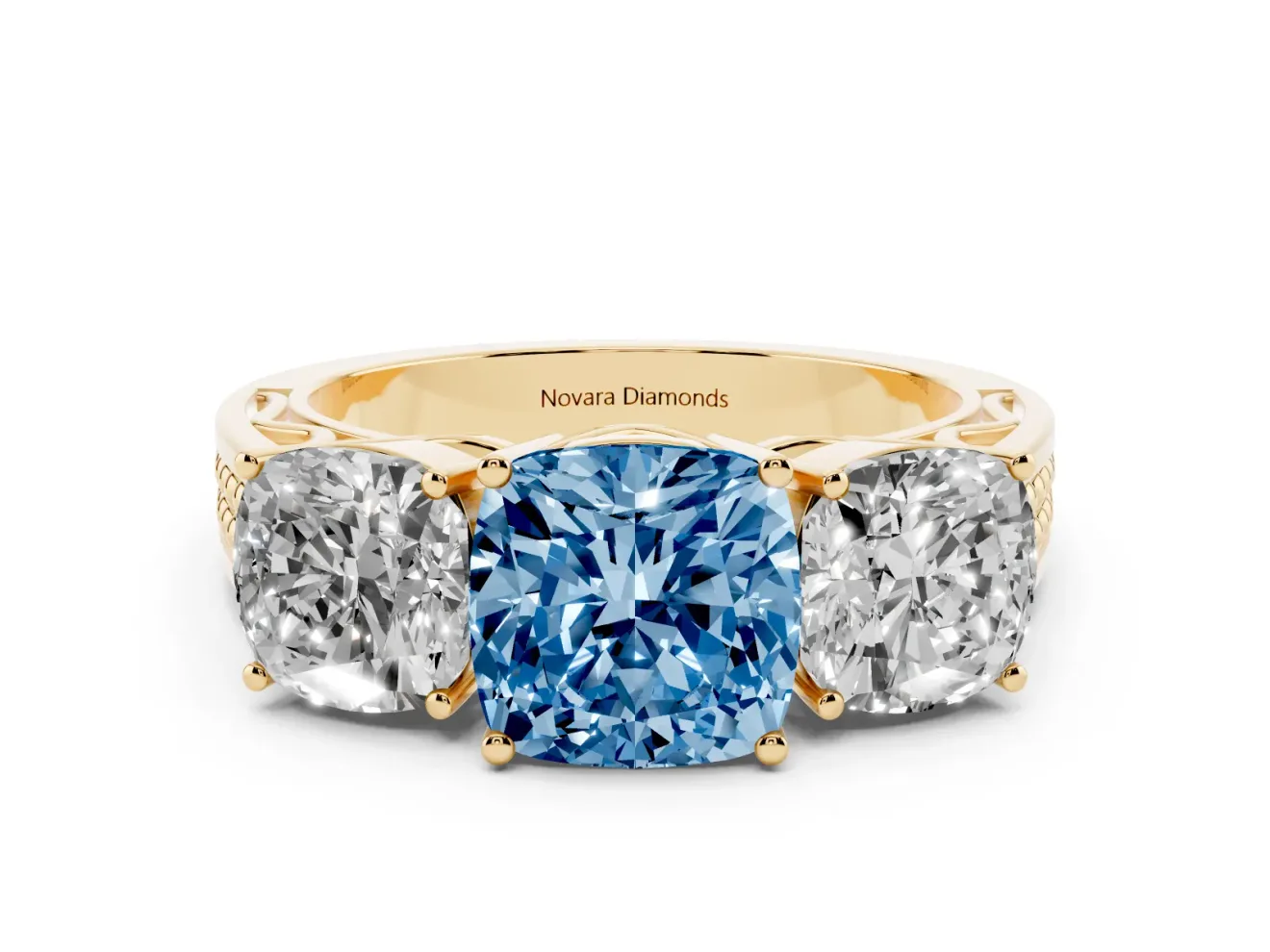 Cushion Cut Three Stone Engagement Ring Setting for a Fancy Blue Lab-Grown Diamond | Beaded Shoulders | Yellow Gold