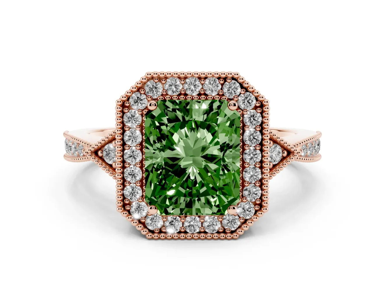 Fancy Green Radiant Cut Diamond Halo Engagement Ring Set in Rose gold with Milgrain Pavé Band
