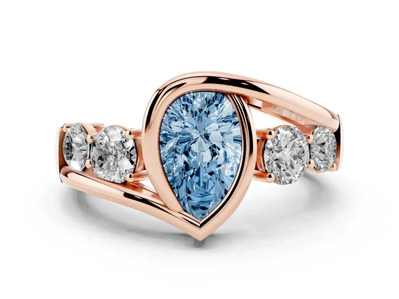 Fancy Blue Pear Cut Diamond Bezel Bypass Ring Set in Rose gold with Round Accents