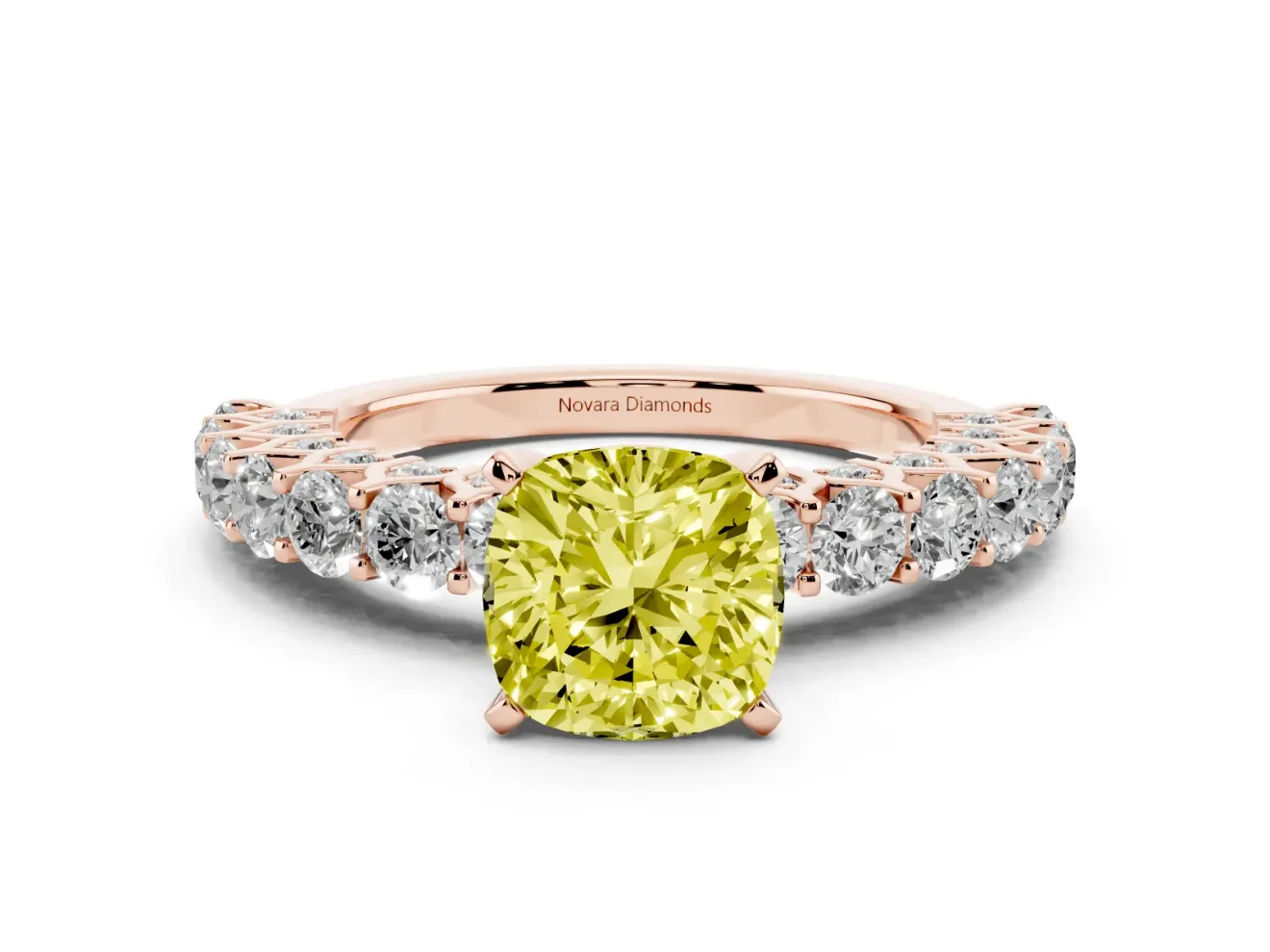 Cushion Cut Shared Prong Engagement Ring Setting for a Fancy Yellow Lab-Grown Diamond | Rose Gold