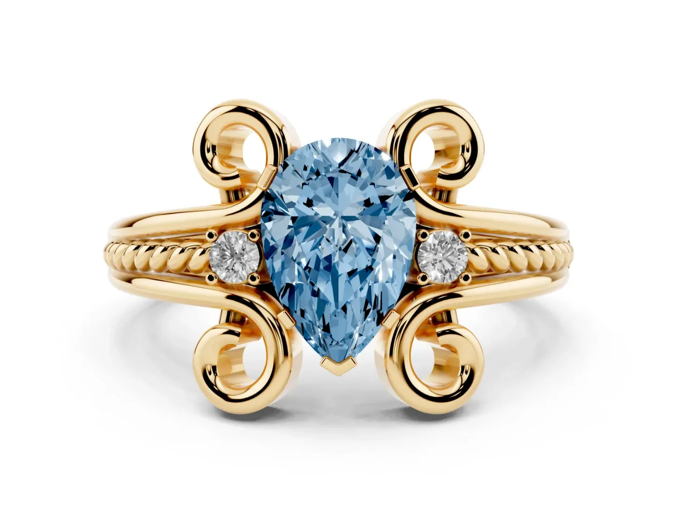 Fancy Blue Pear Cut Diamond Twisted Band Solitaire Ring Set in Yellow gold with Scroll Prongs