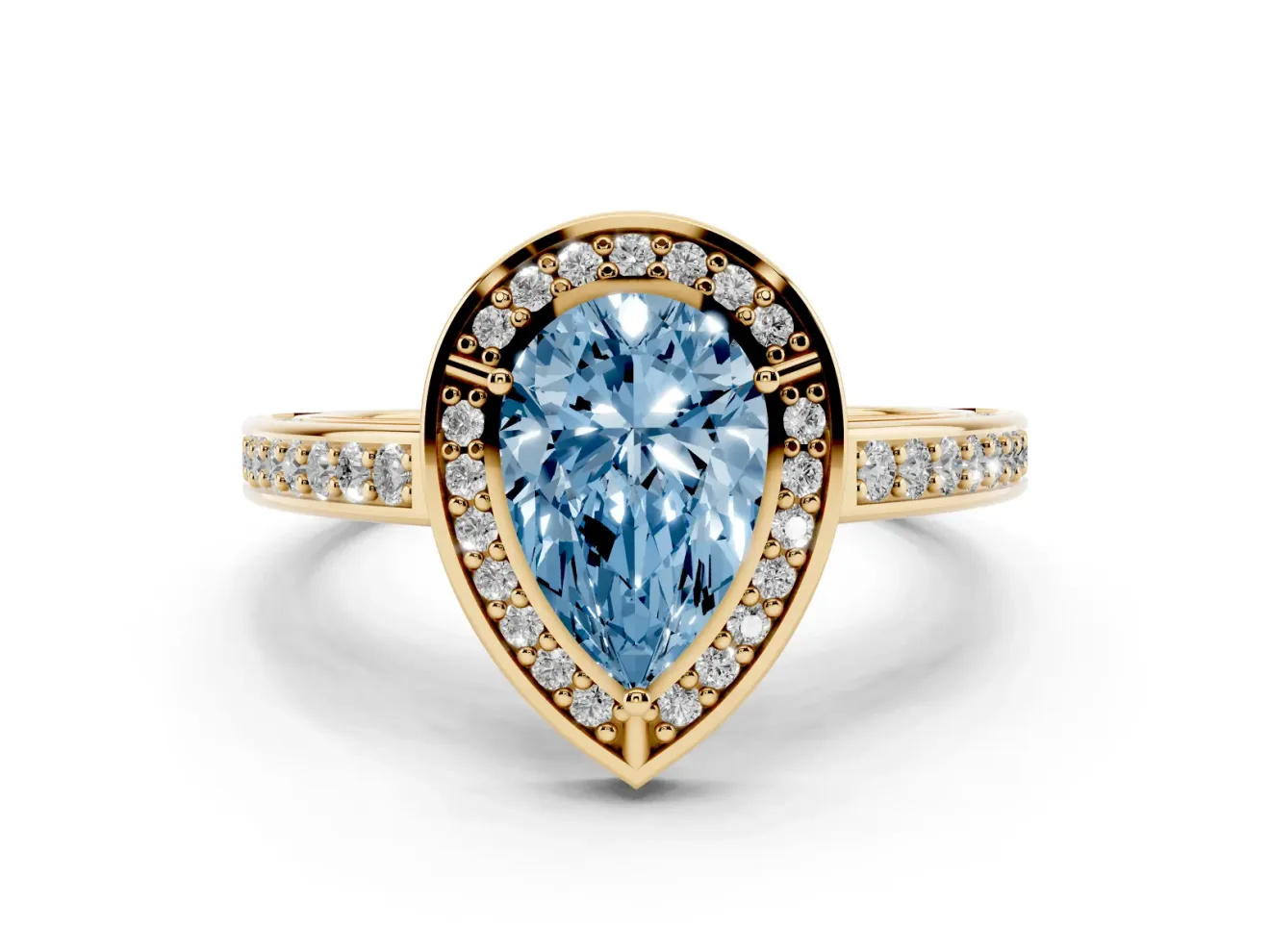 Pear-Shaped Sectioned Halo Engagement Ring Setting for a Fancy Blue Lab-Grown Diamond | Yellow Gold