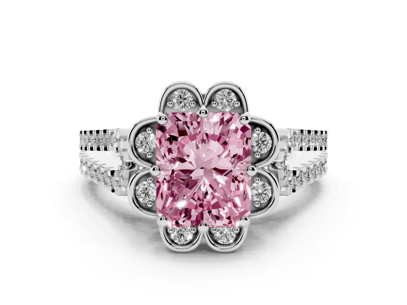 Radiant Cut Floral Halo Engagement Ring Setting for a Fancy Pink Lab-Grown Diamond | Pavé Split Shank | Sterling Silver