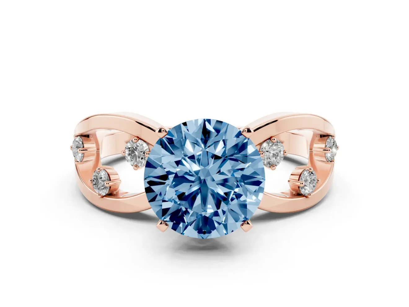 Fancy Blue Round Cut Diamond Solitaire Ring Set in Rose gold with Side Stones on Criss-Cross Band and Prong Setting