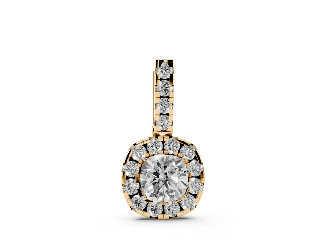Cushion Cut Lab-Grown Diamond Halo Pendant Necklace | Prong-Set Stone Bail | Yellow Gold