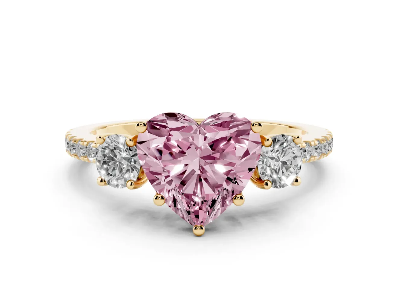 Heart-Shaped Three Stone Engagement Ring Setting for a Fancy Pink Lab-Grown Diamond | Pave Shoulders | Yellow Gold