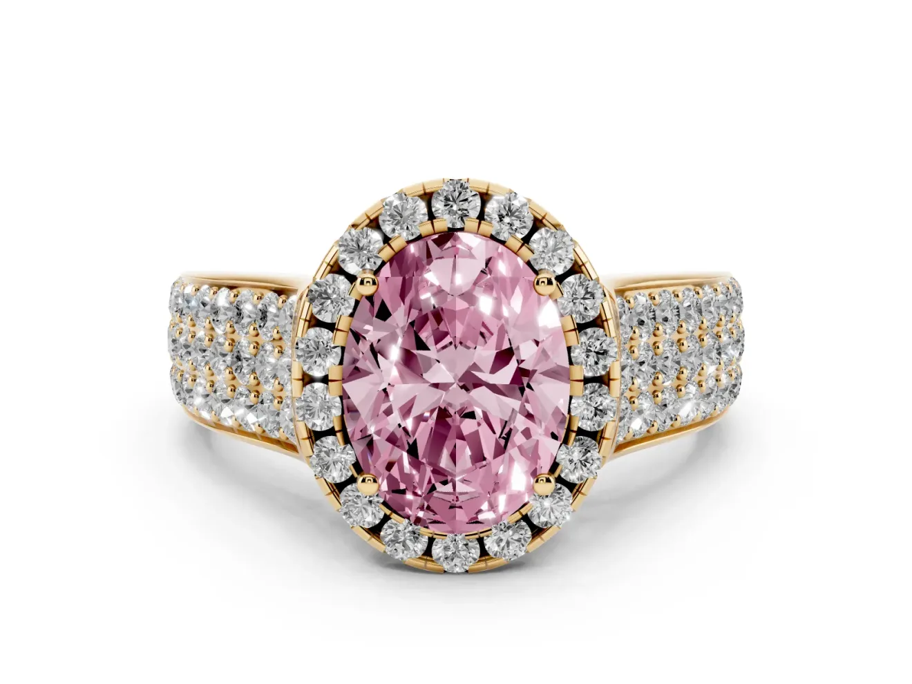 Fancy Pink Oval Cut Diamond Halo Ring Set in Yellow gold with Pavé Band and Raised Center Setting