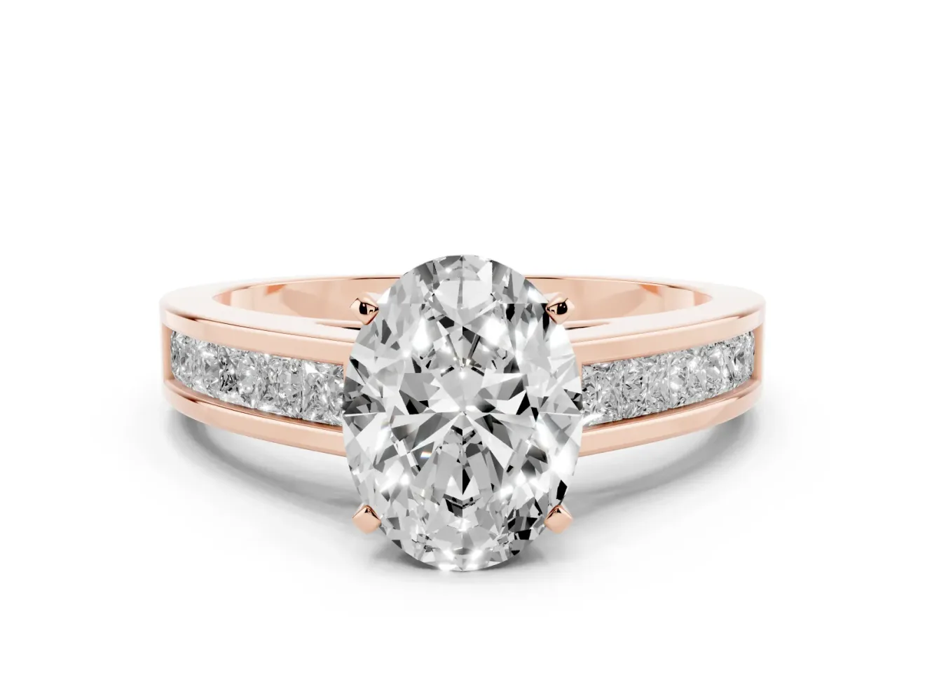 Oval Channel Set Engagement Ring Setting | Princess Cut Accents | Rose Gold