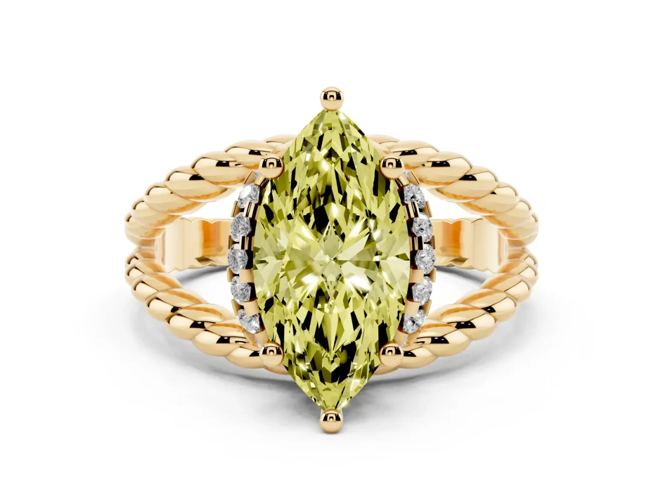 Fancy Yellow Marquise Cut Diamond Halo Ring Set in Yellow gold with Twisted Band and Prong Setting