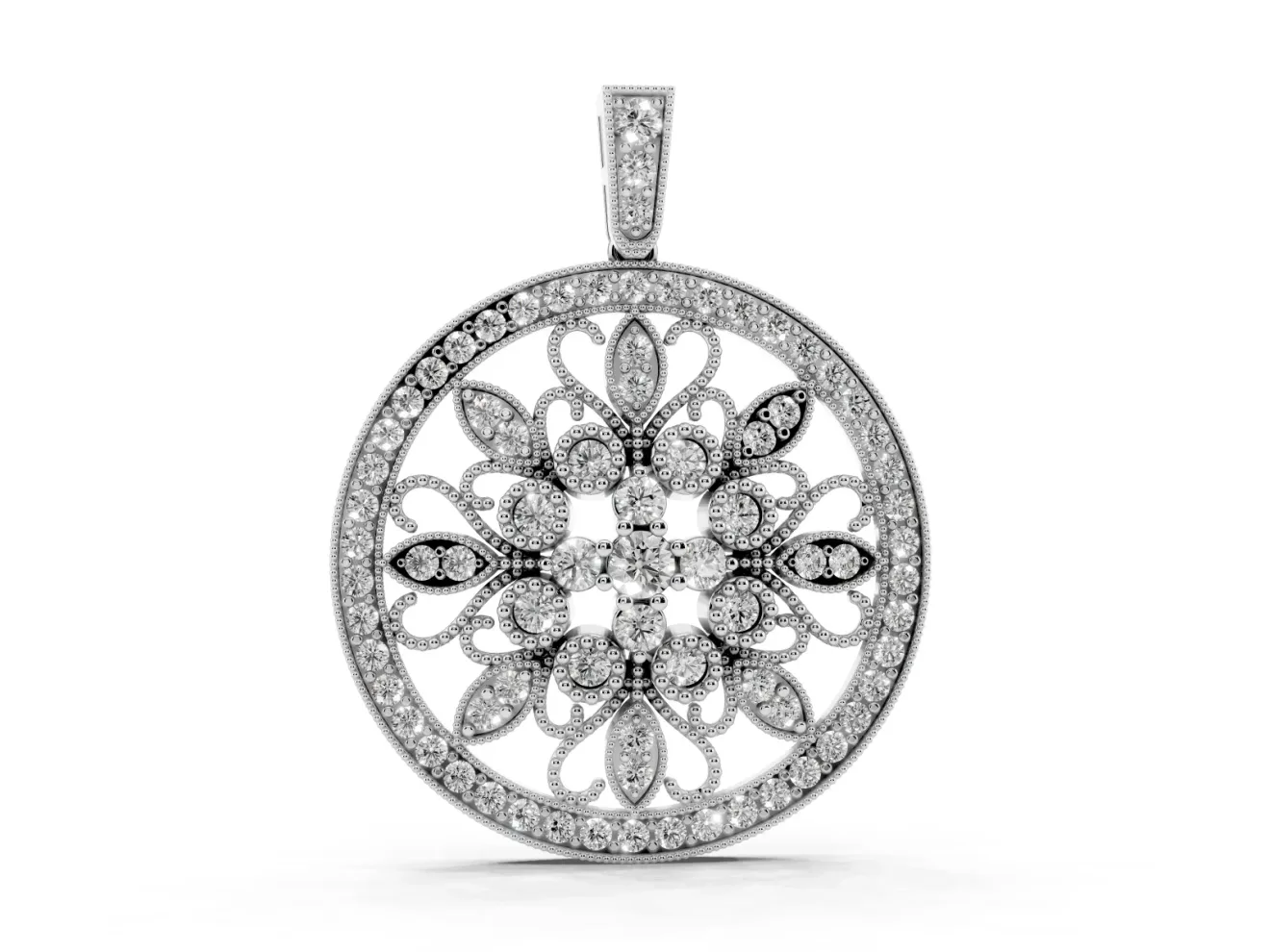 Round Lab-Grown Diamond Floral Filigree Pendant Necklace | Pavé Frame | Sterling Silver