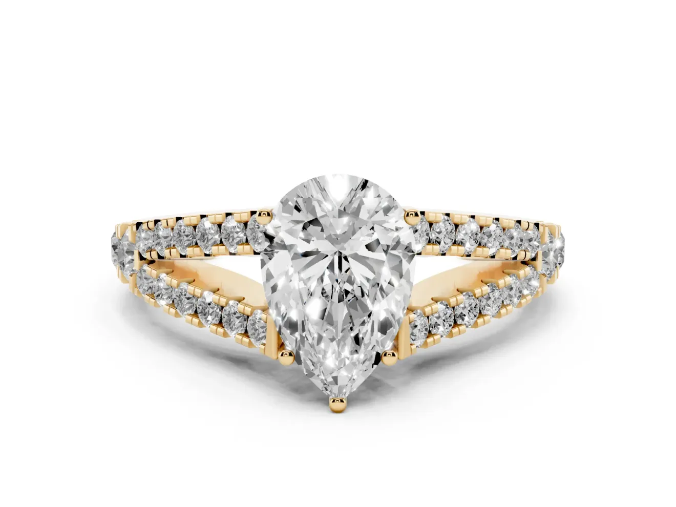 Pear-Shaped Graduated Pave Split Shank Engagement Ring Setting | V Split Shoulders | Yellow Gold
