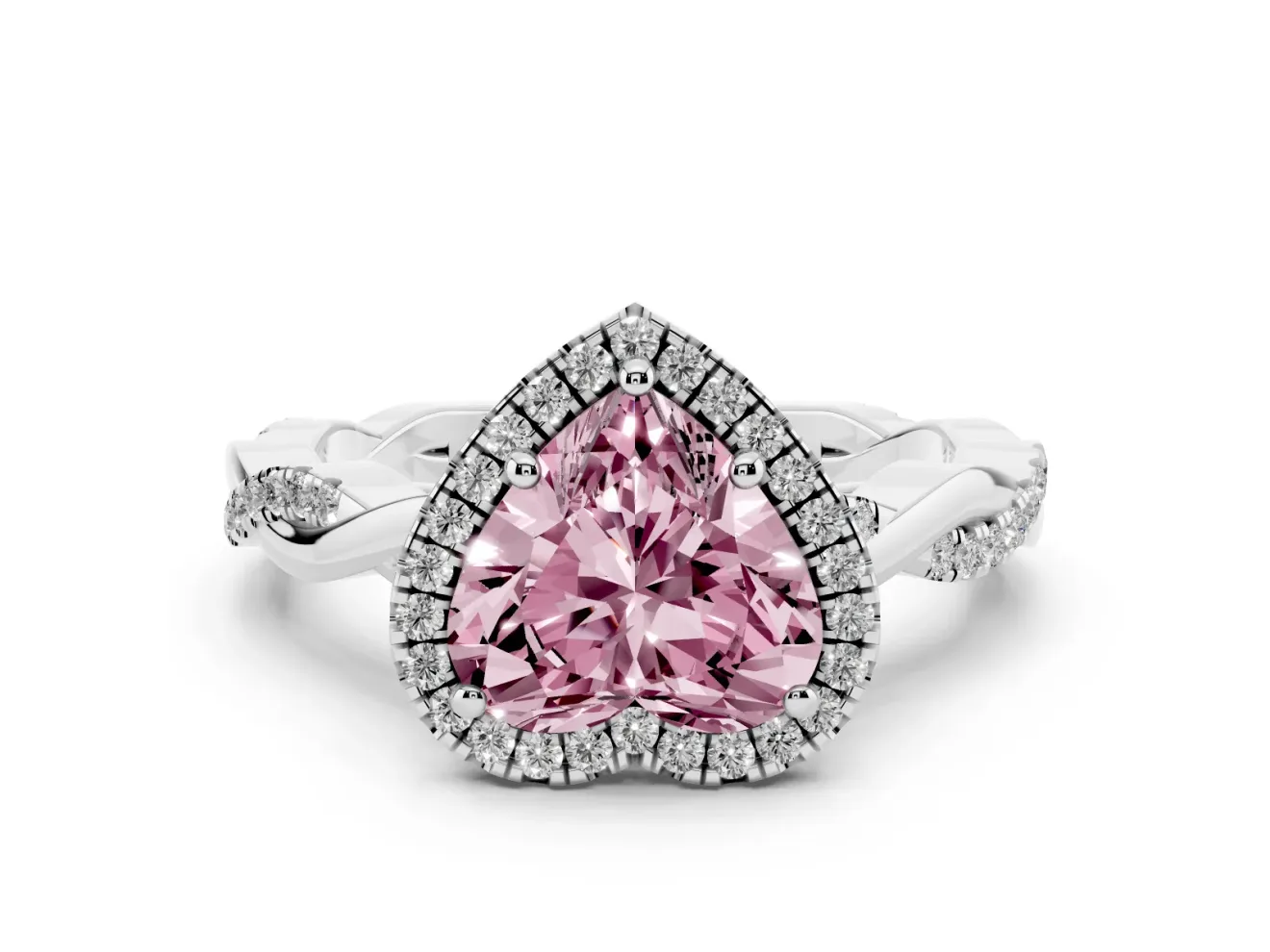 Fancy Pink Heart Cut Diamond Halo Twisted Band Ring Set in Platinum with Prong Setting