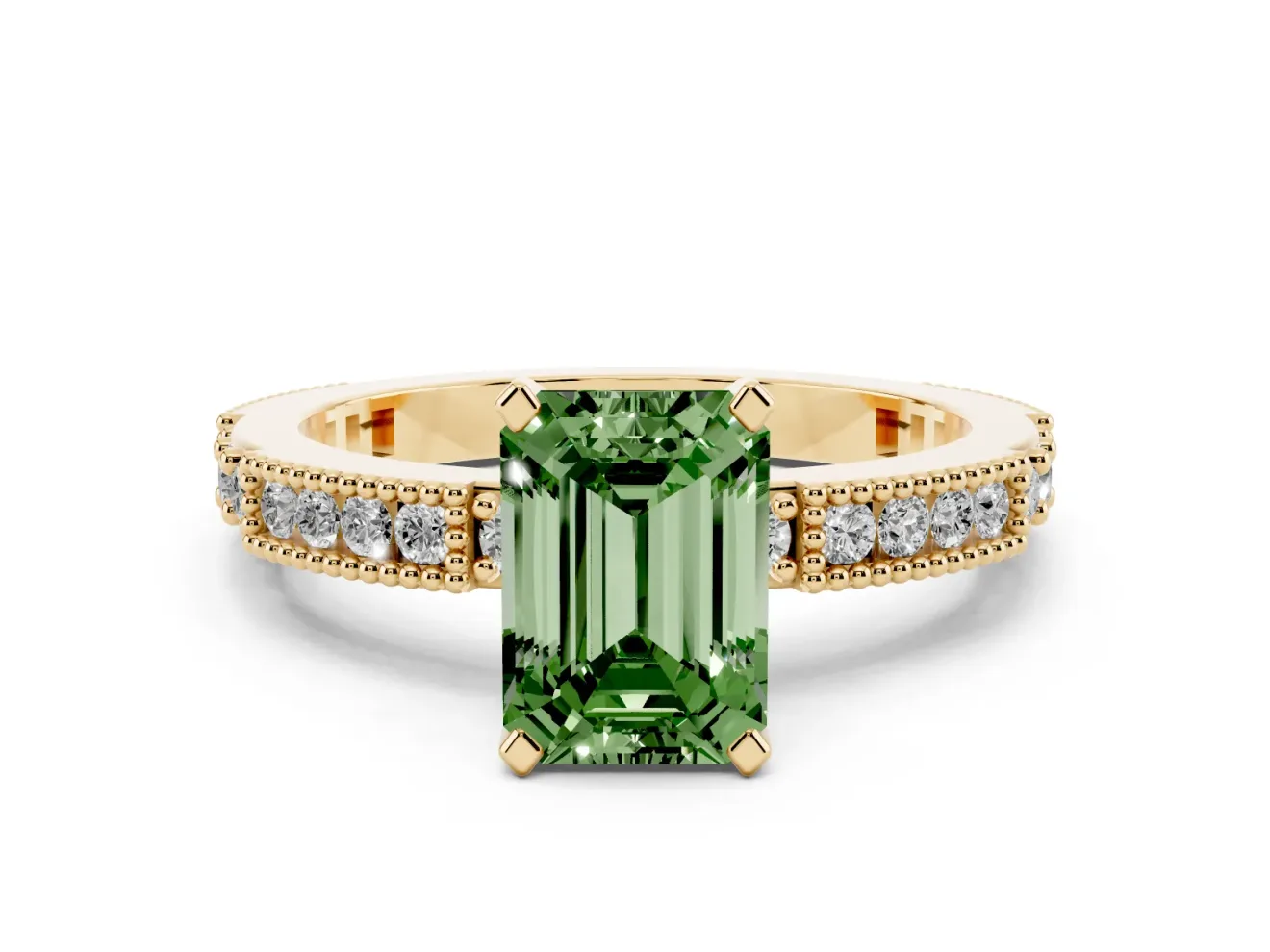 Emerald Cut Vintage Pavé Engagement Ring Setting for a Fancy Green Lab-Grown Diamond | Yellow Gold