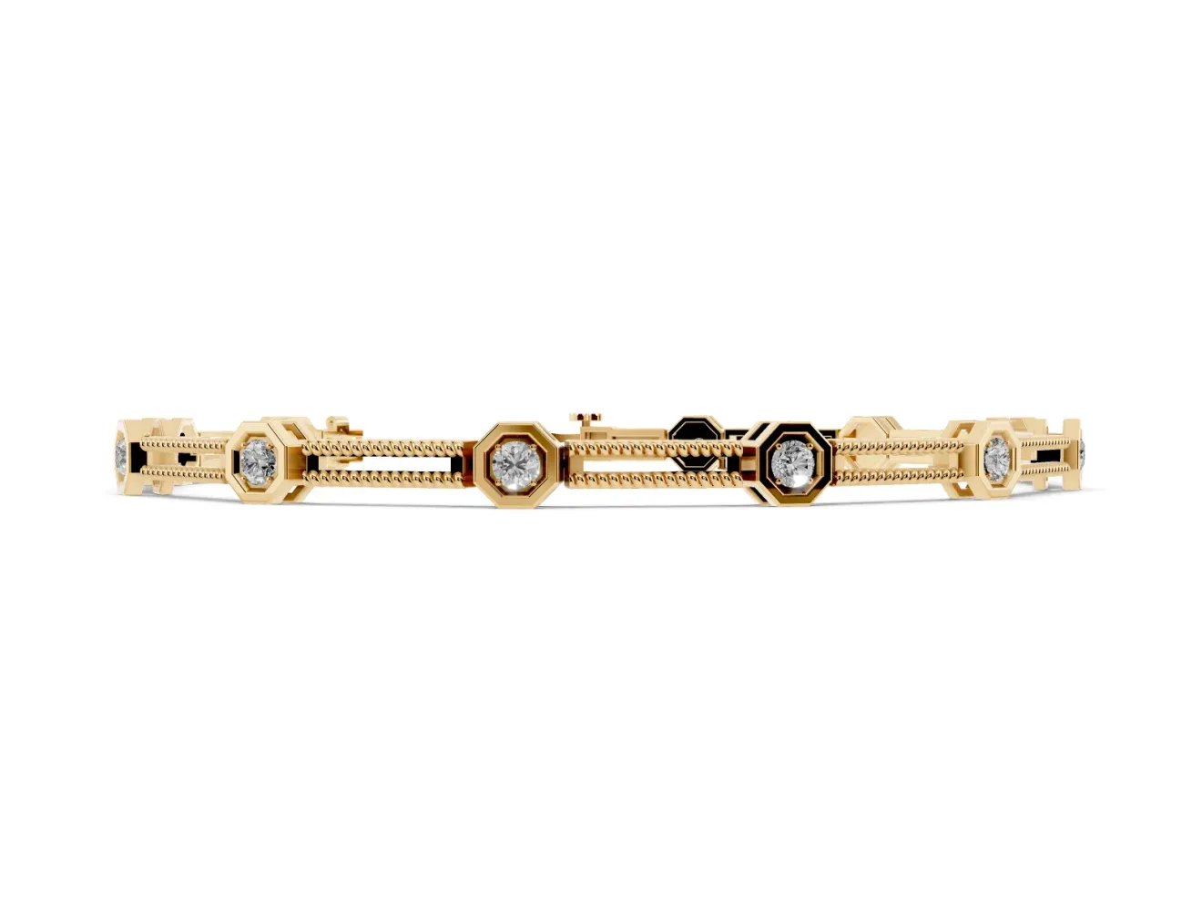 Round Lab-Grown Diamond Octagon Frame Station Bracelet | Double Rope Links | Yellow Gold