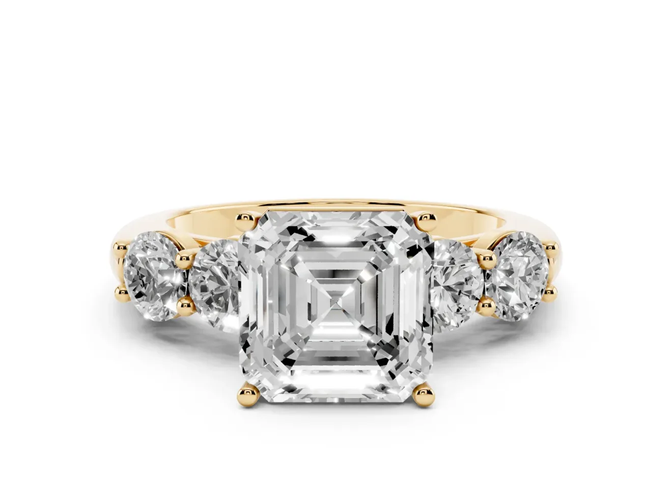 Asscher Cut Five Stone Engagement Ring Setting | Prong Set Side Stones | Yellow Gold