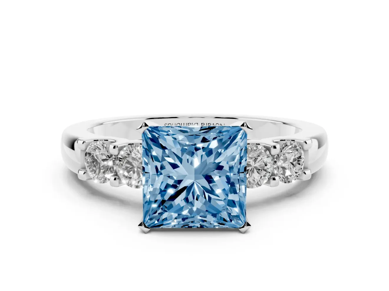 Fancy Blue Princess Cut Diamond Five-Stone Prong Set Engagement Ring Set in Platinum with Channel Band