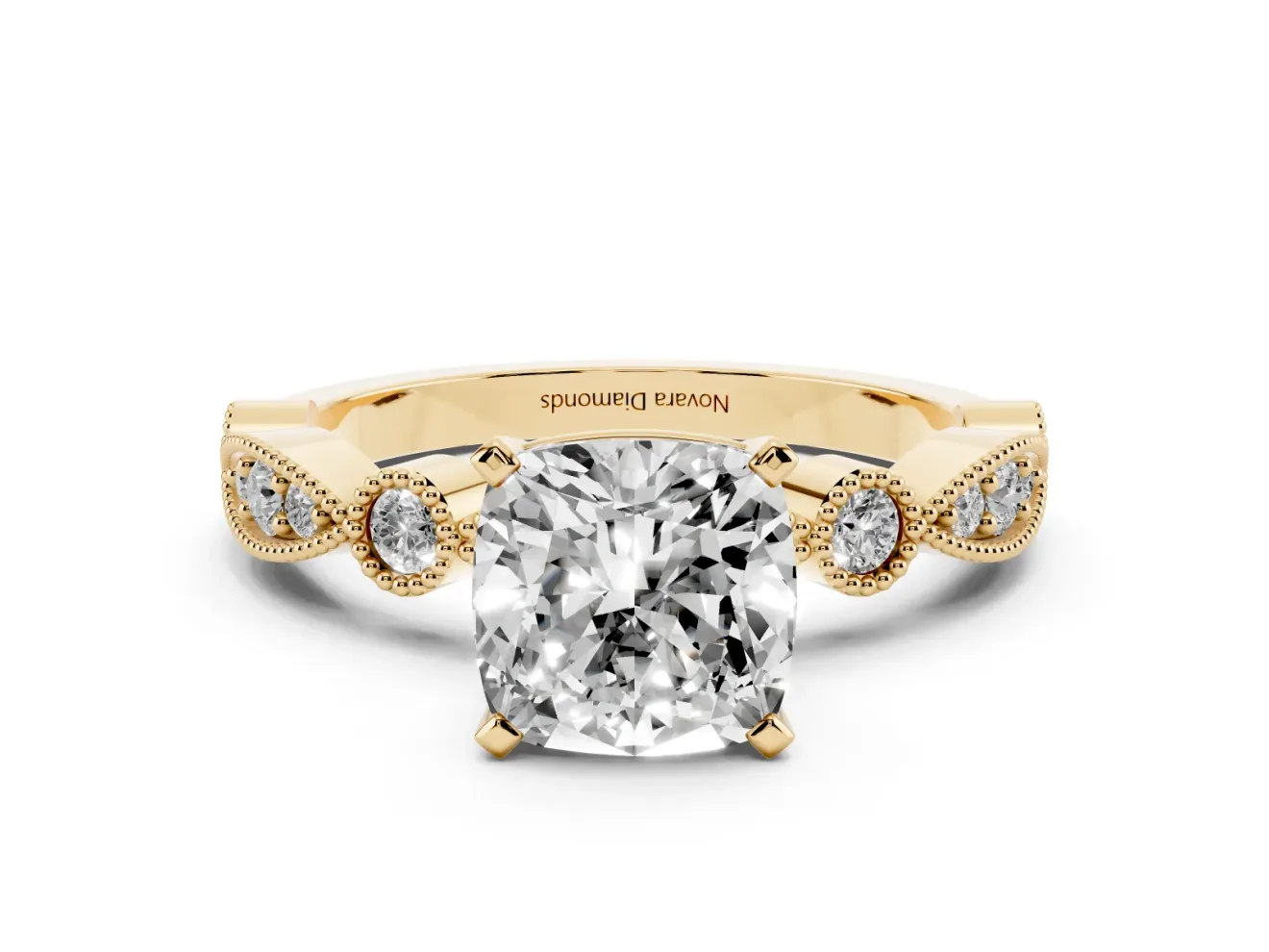 Cushion Cut Vintage Milgrain Solitaire Engagement Ring Setting | Bezel Accents | Yellow Gold