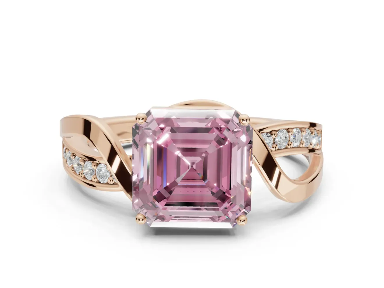 Asscher Cut Bypass Solitaire Engagement Ring Setting for a Fancy Pink Lab-Grown Diamond | Pavé Strands | Rose Gold