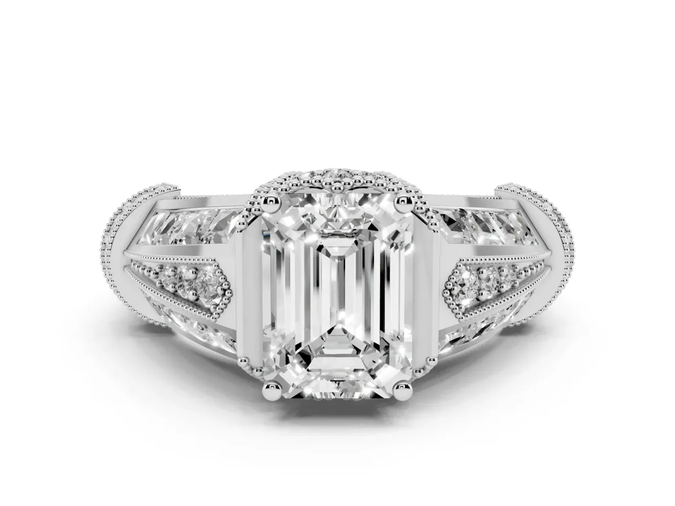Emerald Cut Vintage Milgrain Hidden Halo Engagement Ring Setting | Channel-Set Shoulders | Platinum