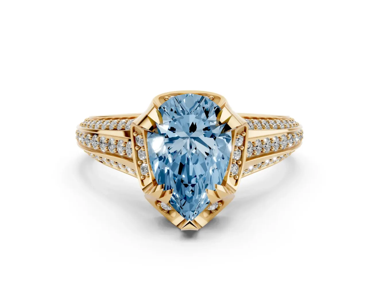 Fancy Blue Pear Cut Diamond Pavé Split Shank Solitaire Ring Set in Yellow gold with Prong Setting