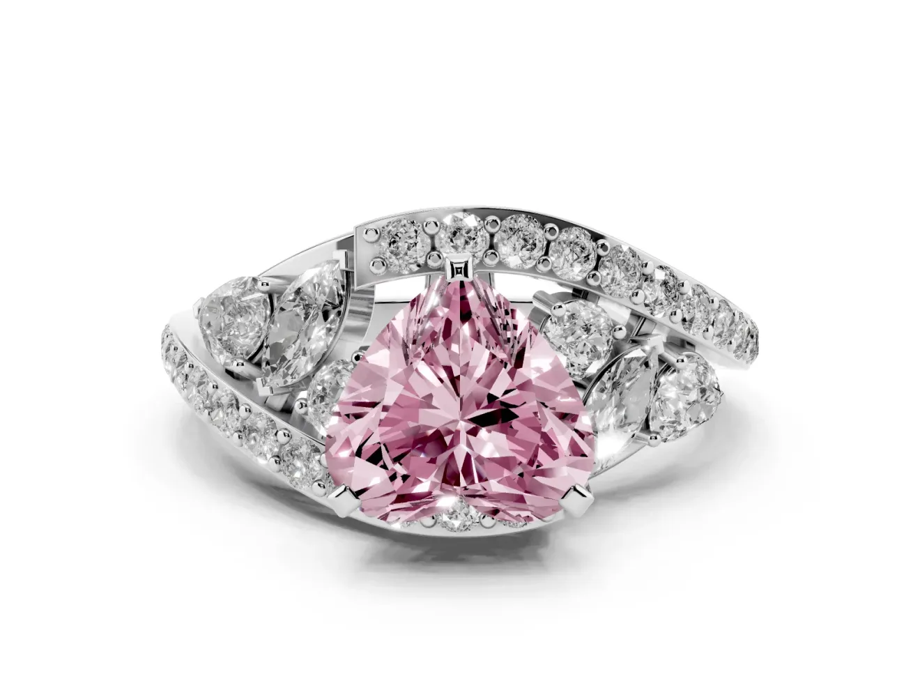 Fancy Pink Heart Cut Diamond Halo Ring Set in White gold with Marquise and Pavé Band in Prong Setting