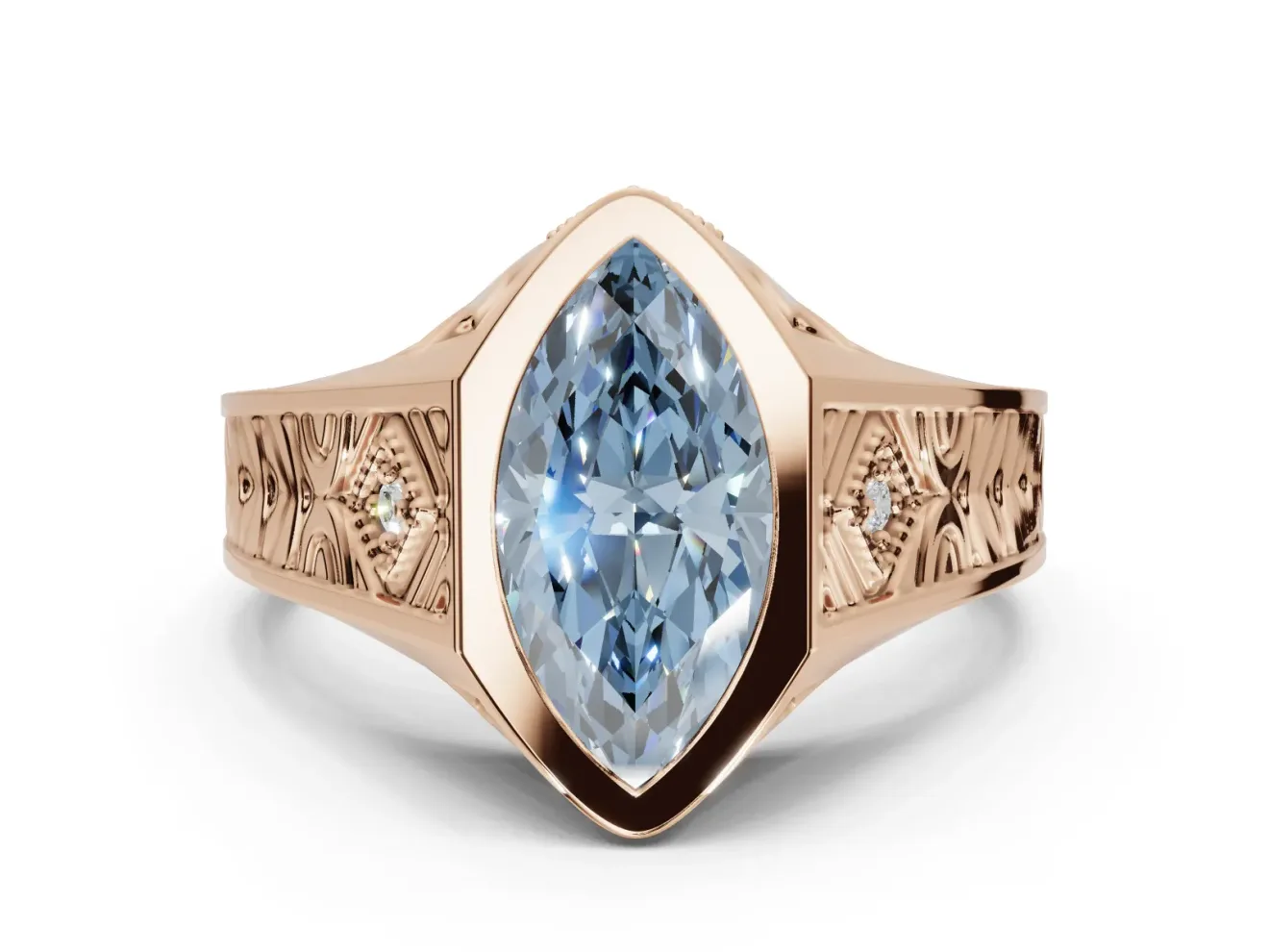 Marquise Vintage Bezel Engagement Ring Setting for a Fancy Blue Lab-Grown Diamond | Engraved Band | Rose Gold