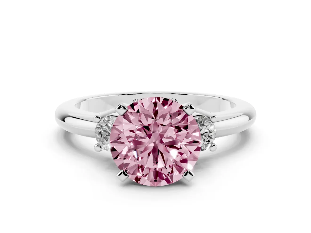 Fancy Pink Three-Stone Round Cut Diamond Ring Set in Platinum with Prong Setting and Plain Band