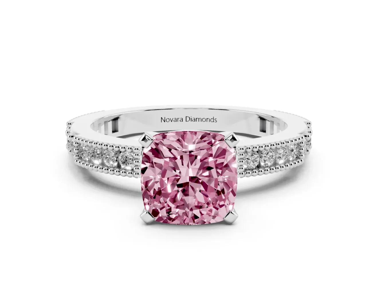 Fancy Pink Cushion Cut Diamond Solitaire Ring Set in Silver with Slim Pavé Band and Prong Setting