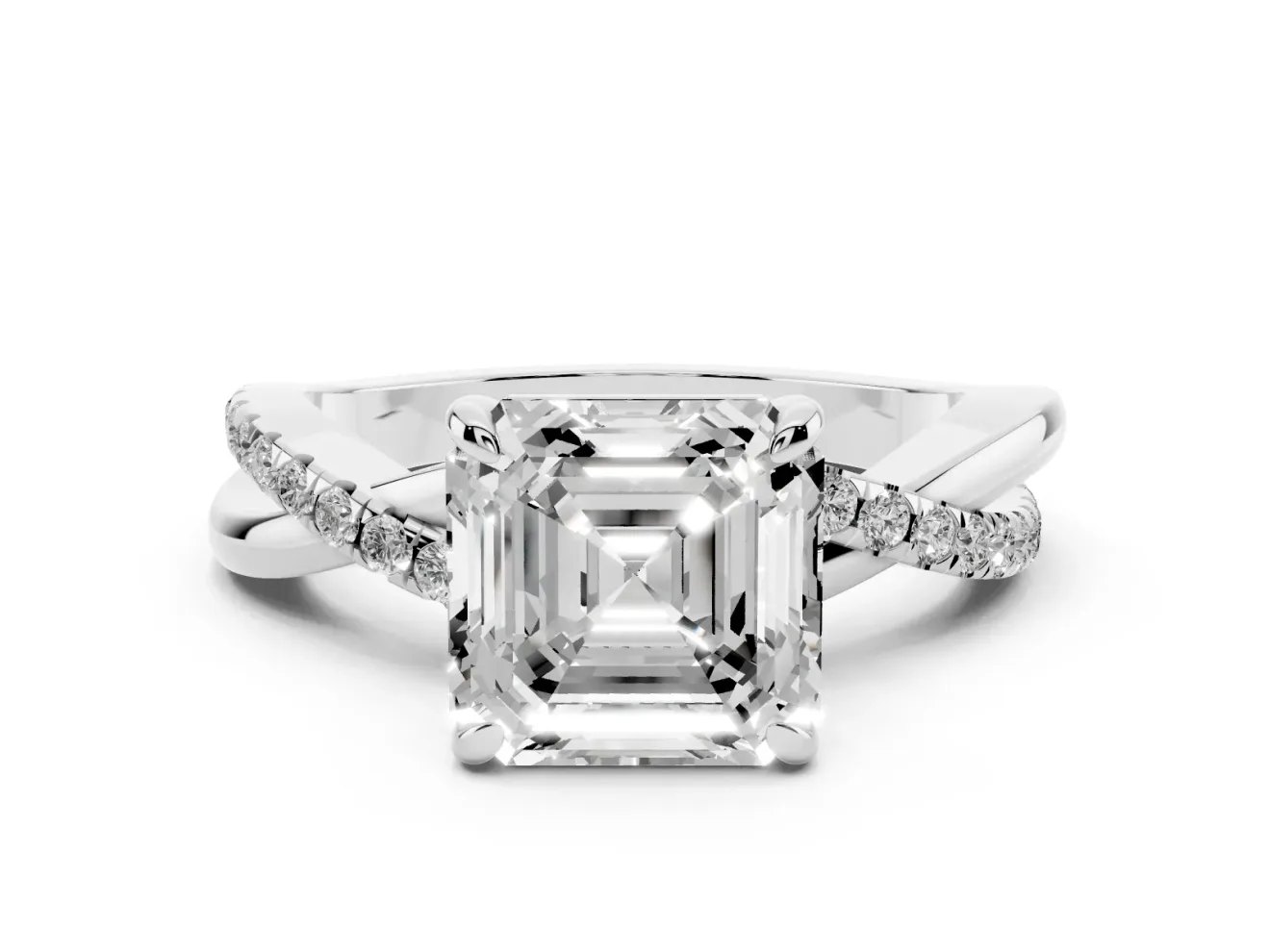 Asscher Cut Diamond Twist Band Solitaire Set in Platinum with Pavé Accents and Prong Setting