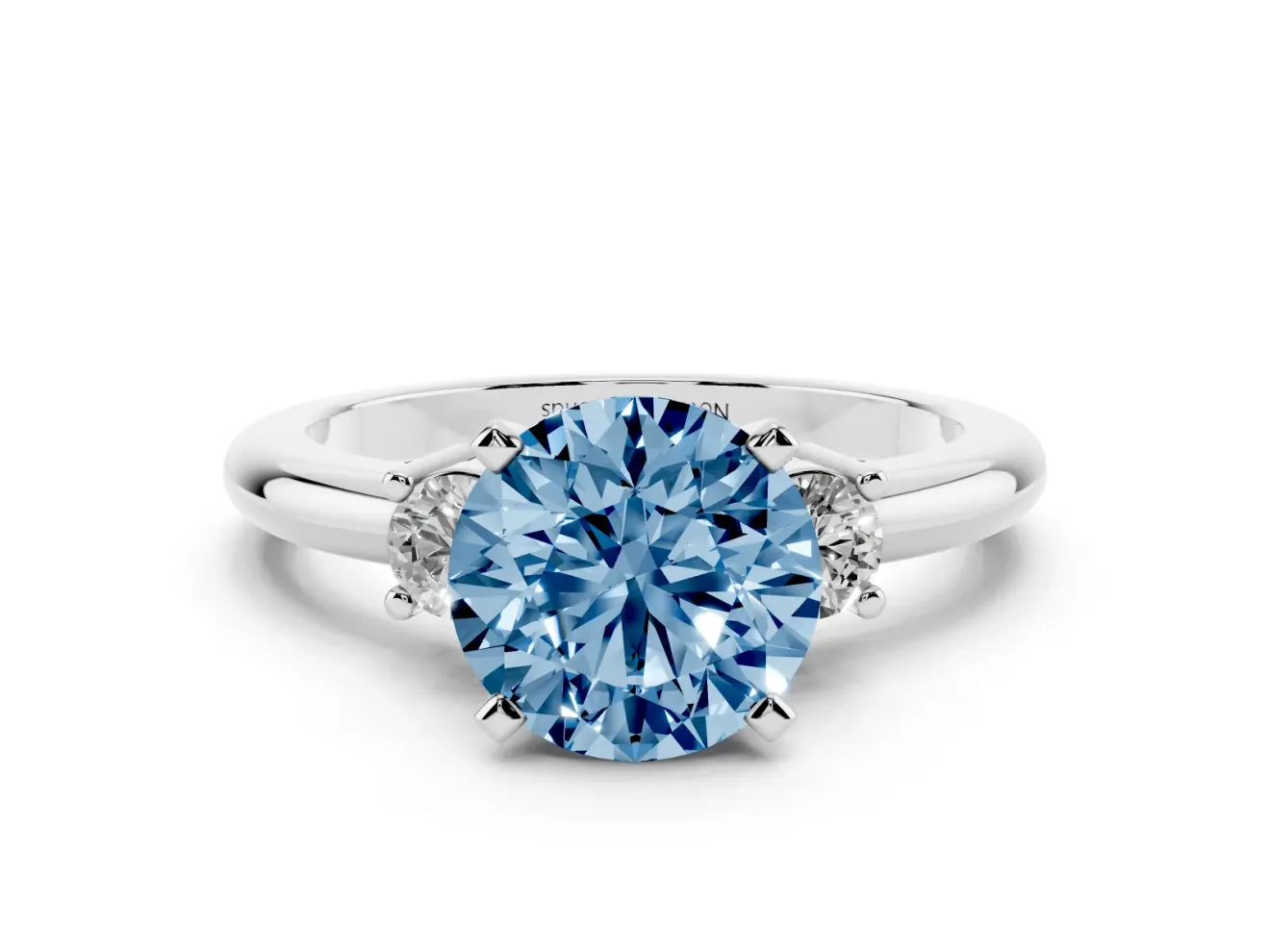 Fancy Blue Three-Stone Round Cut Diamond Ring Set in Platinum with Prong Setting and Plain Band