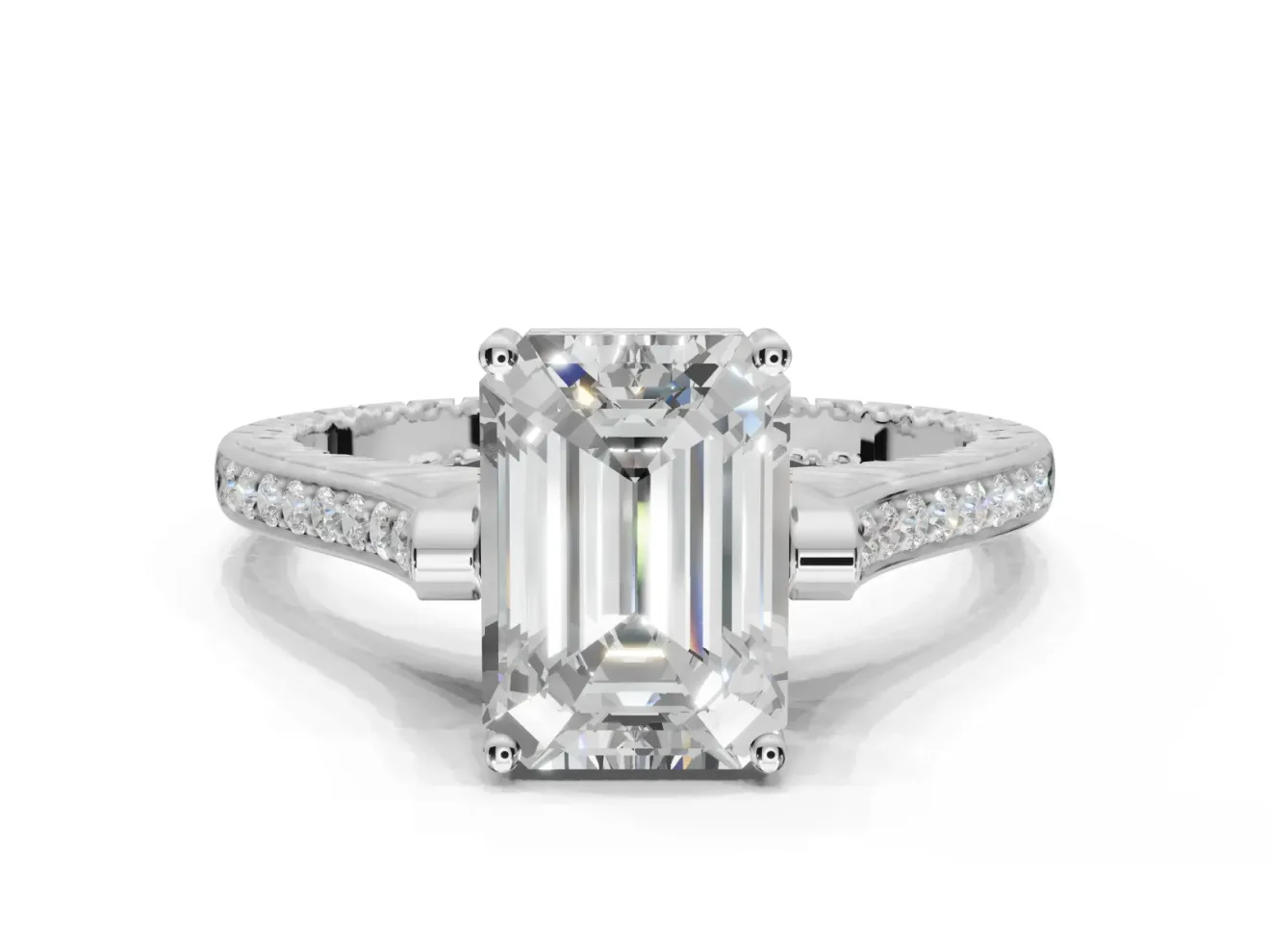 Emerald Cut Vintage Cathedral Engagement Ring Setting | Carved Band | Sterling Silver