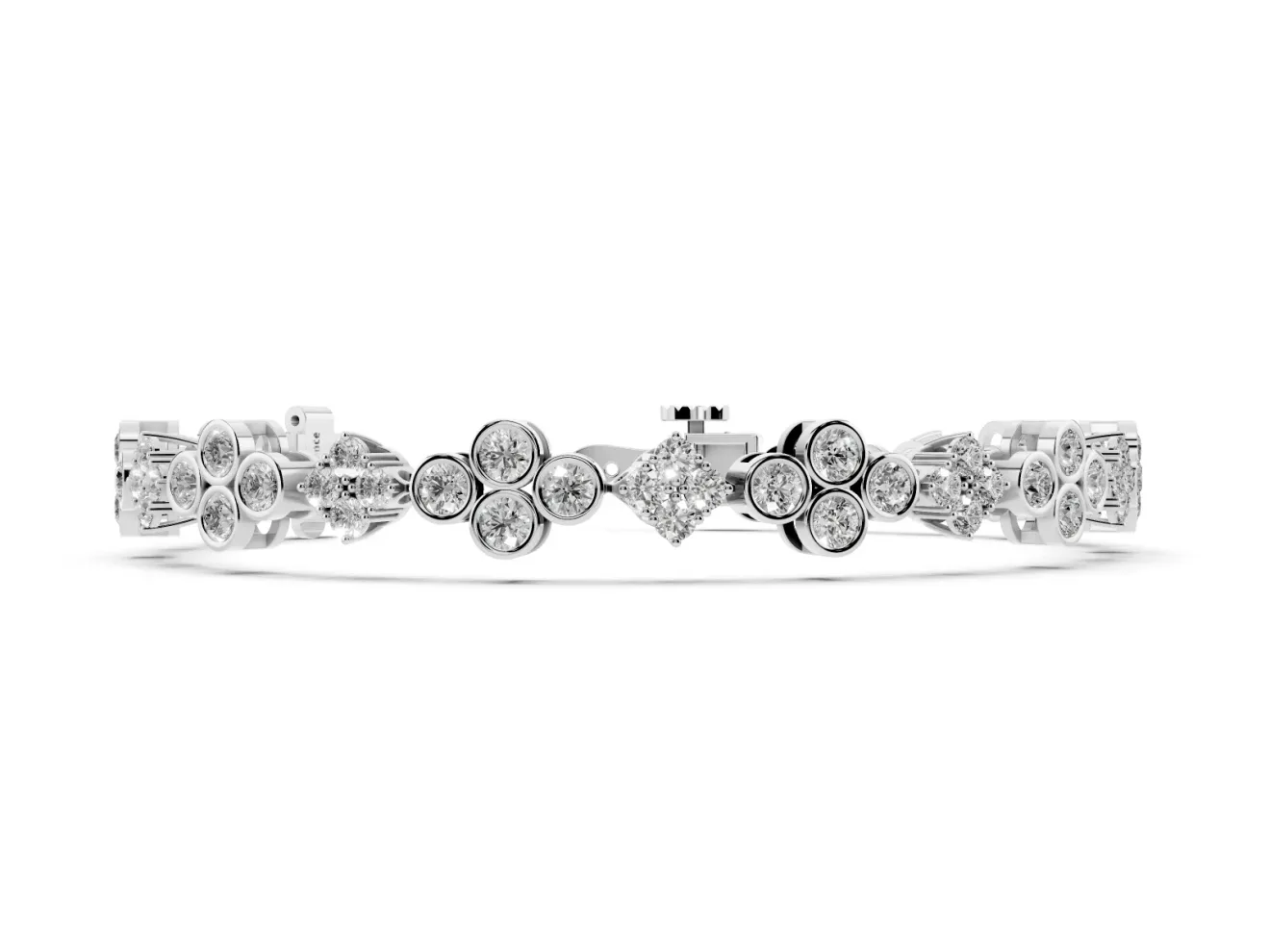 Round Lab-Grown Diamond Cluster Tennis Bracelet | Bezel Clover Stations | White Gold
