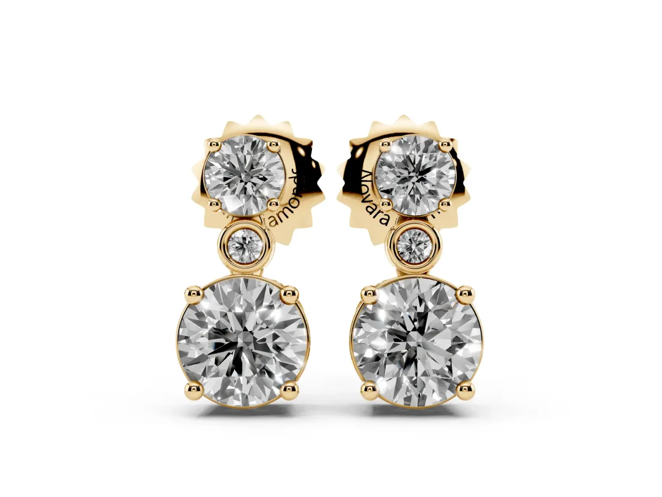 Round Lab-Grown Diamond Two Stone Drop Earrings | Bezel Accent Link | Yellow Gold