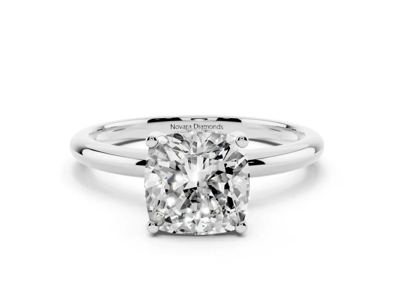 Cushion Cut Diamond Solitaire Engagement Ring Set in Silver with Prong Setting and Polished Band