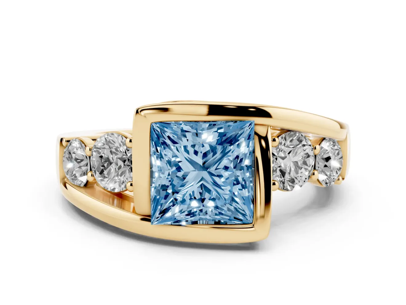 Princess Cut Bezel Bypass Engagement Ring Setting for a Fancy Blue Lab-Grown Diamond | Yellow Gold