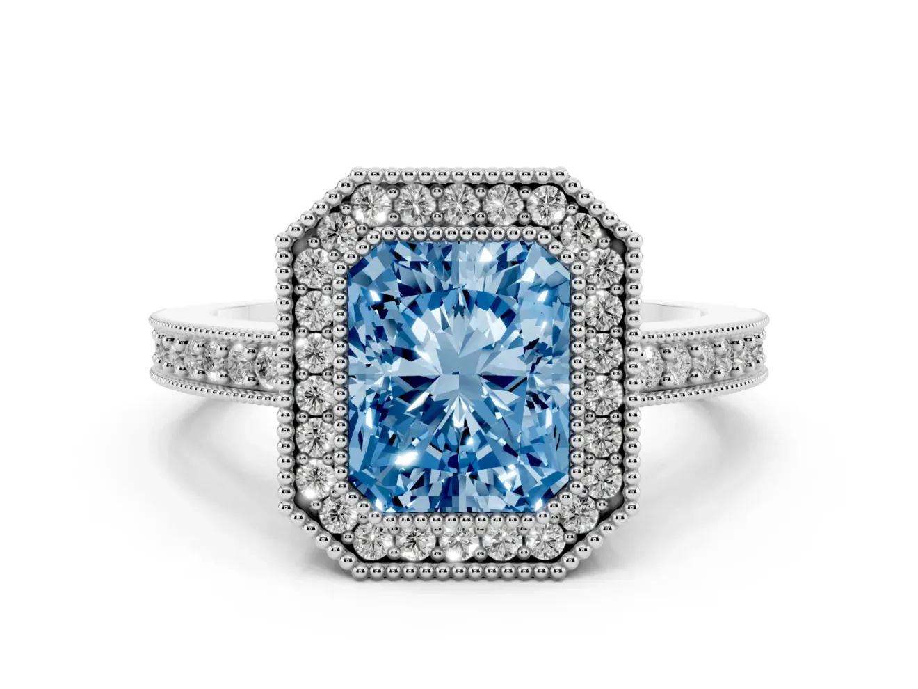 Radiant Cut Milgrain Halo Engagement Ring Setting for a Fancy Blue Lab-Grown Diamond | Pave Band | Platinum