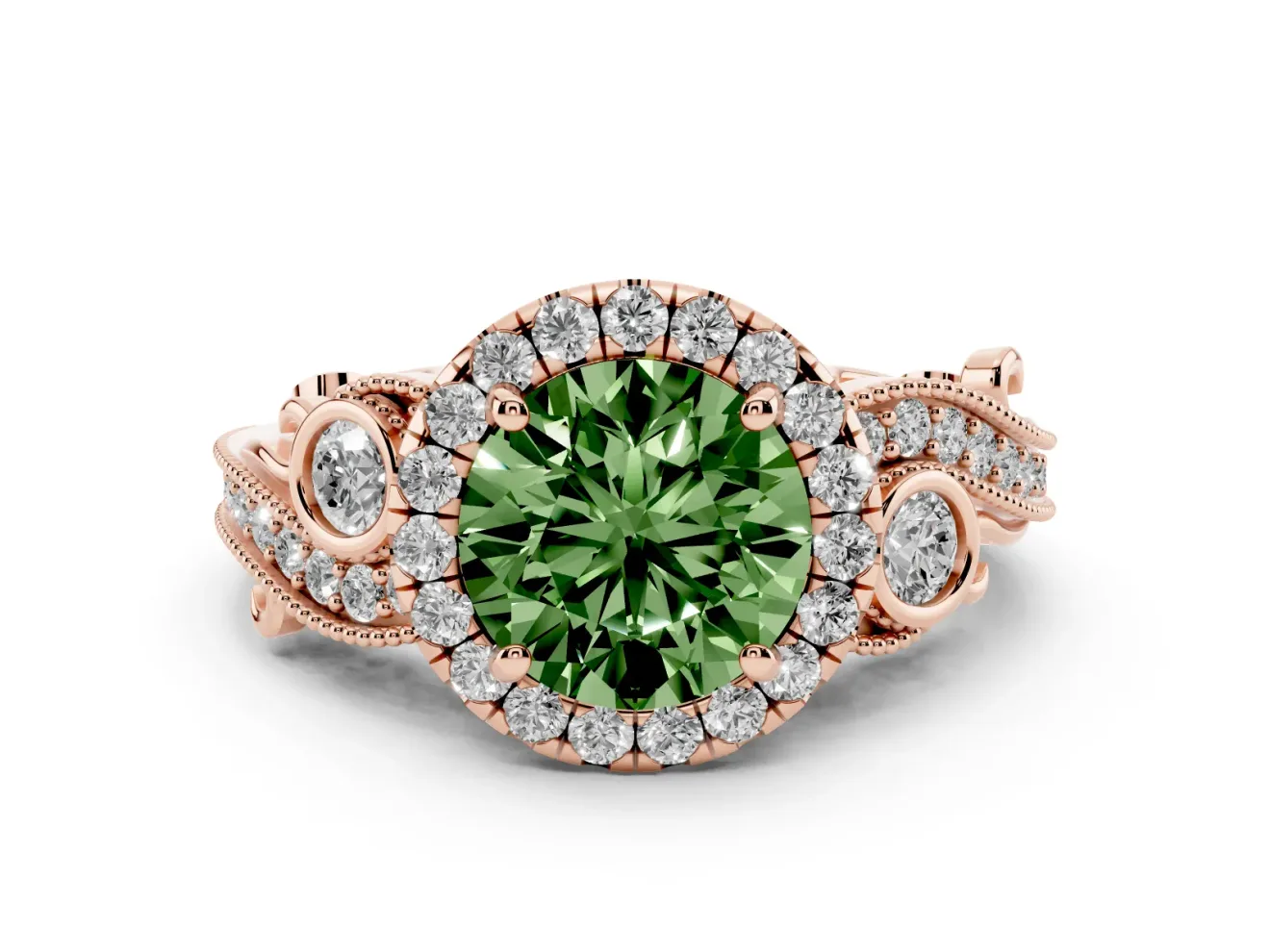 Round Vintage Halo Engagement Ring Setting for a Fancy Green Lab-Grown Diamond | Rose Gold