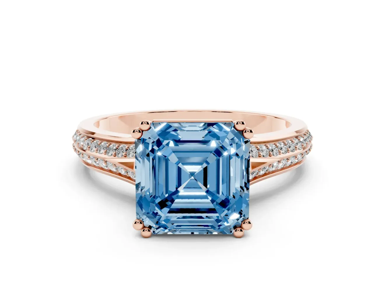 Asscher Cut Pave Split Shank Engagement Ring Setting for a Fancy Blue Lab-Grown Diamond | Double Claw Prongs | Rose Gold